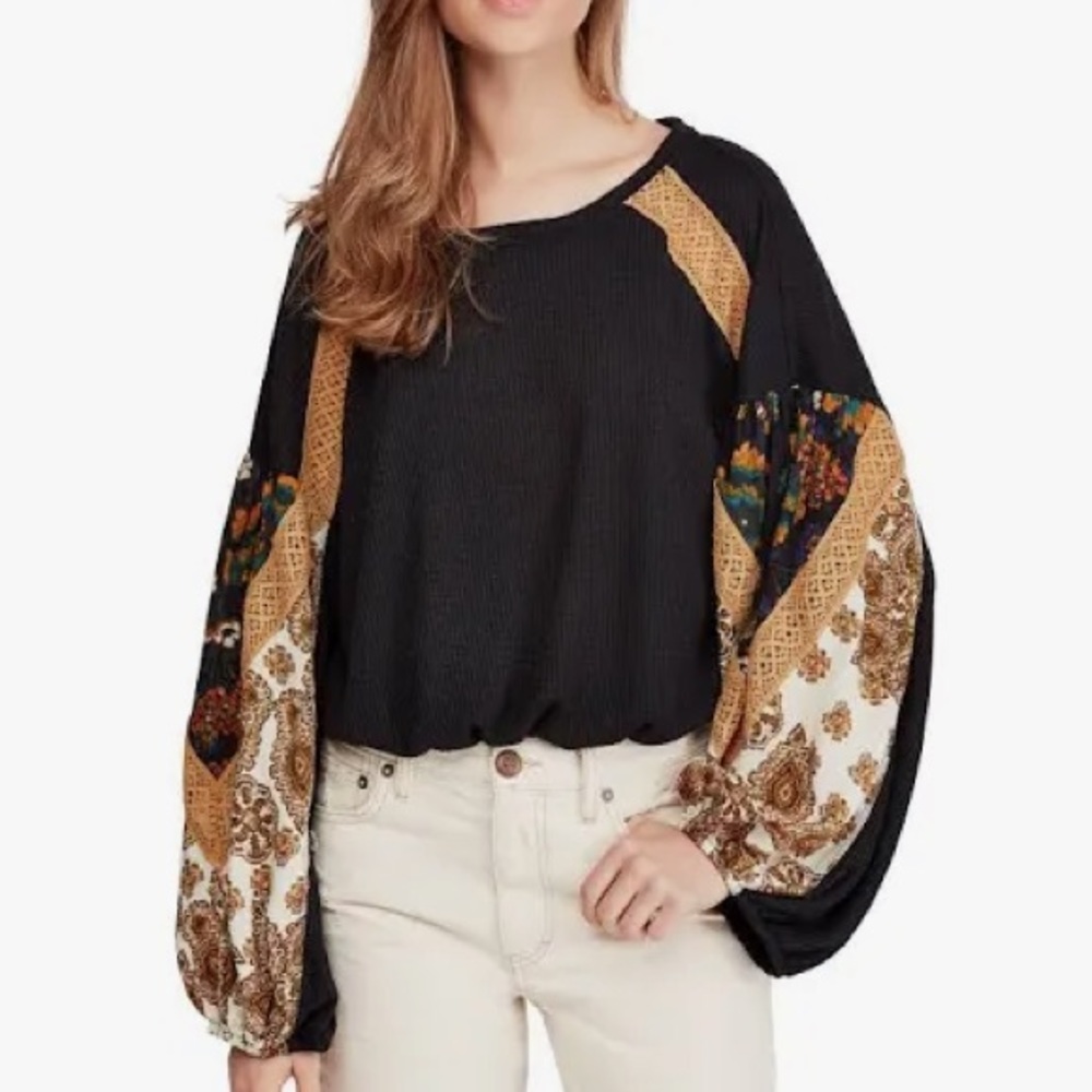 Free People Casual Clash Blouson Top with Gold and Cream Paisley Sleeves